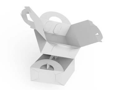 Beyaz kutu tutamacını, hediye veya gıda karton paketi ile 3d render tasarım anlamları, float kutuları için set