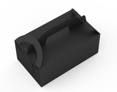 Saplı beyaz arka planda, yükseltilmiş görünümü 3d illüstrasyon izole siyah karton kutu