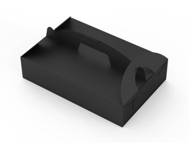 Saplı beyaz arka planda, yükseltilmiş görünümü 3d illüstrasyon izole siyah karton kutu