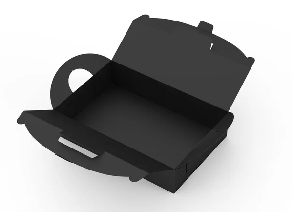 Izolované Otevřené Černé Kartónové Krabice Uchem Ilustrace Bílém Pozadí Pohled — Stock fotografie