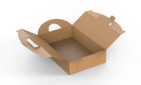 Kraftbox Mit Griff Geöffnetem Geschenk Oder Lebensmittelkarton Render Für Designzwecke — Stockfoto