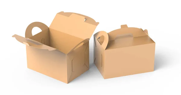 クラフト ボックスのハンドル オープン ギフトまたは設計用 レンダリングで食品カートン パッケージ — ストック写真