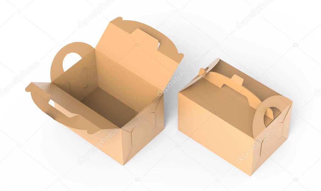 Kraft box with handle, open gift or food carton package in 3d render for design uses