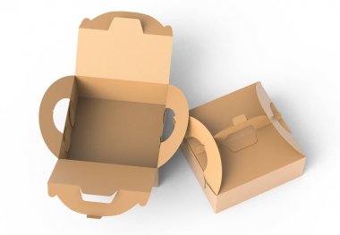 Kolu, açık hediye veya gıda karton paket tasarım kullanımlar için 3d render ile Kraft kutuları