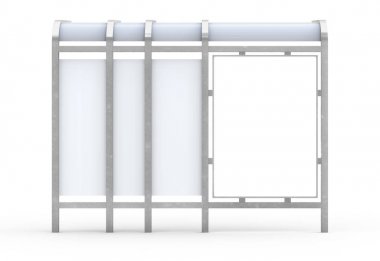 3D render otobüs sığınak, boş kopya alanı için reklam veya tanıtım içeriği, otobüs istasyonu billboard gümüş arkadan görünüm