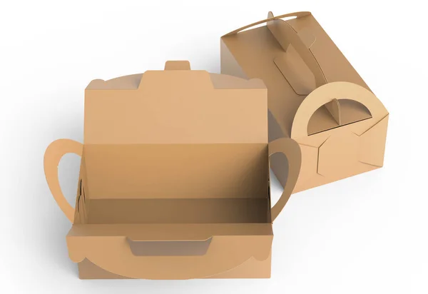 Kraft box with handle, gift or food carton package set in 3d render for design uses, elevated view