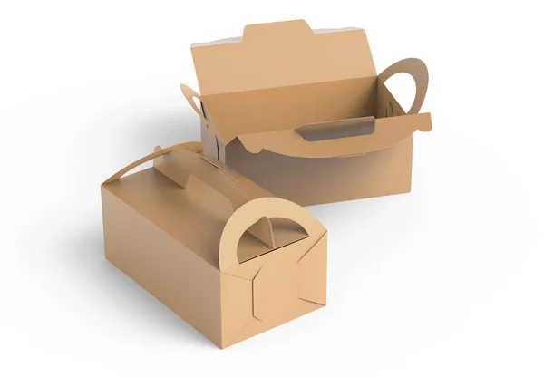 牛皮纸盒 带手柄 礼品或食品纸箱包装设置在3D 渲染为设计使用 高视图 — 图库照片
