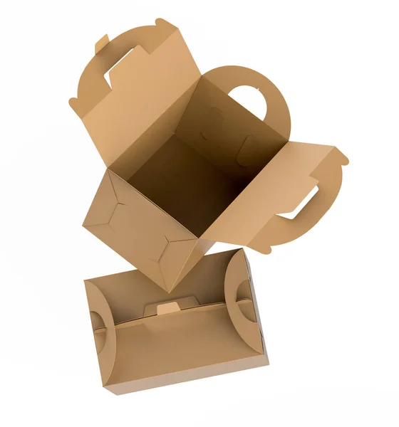 クラフト ボックスのハンドル ギフトまたは食品カートン パッケージとフロート ボックス設計用 レンダリングに設定 — ストック写真