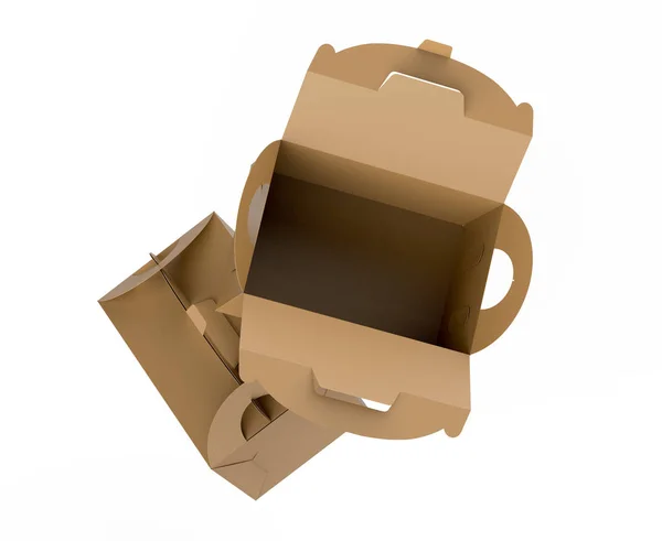 与手柄 礼品或食品纸箱包装设置3D 渲染设计用途的卡拉服箱 浮动箱 — 图库照片