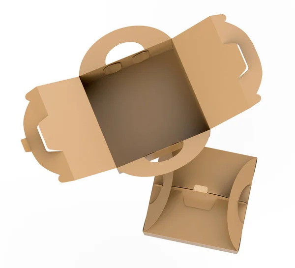 牛皮纸盒 带手柄 礼品或食品纸箱包装设置在3D 渲染为设计使用 高视图 — 图库照片
