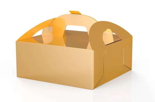 Золотая Коробка Ручкой Подарком Упаковкой Еды Рендеринге Использования Дизайне — стоковое фото
