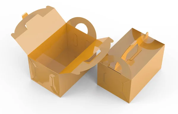 Золотая Коробка Ручкой Подарочной Упаковкой Картонным Пакетом Еды Рендеринге Дизайнерских — стоковое фото