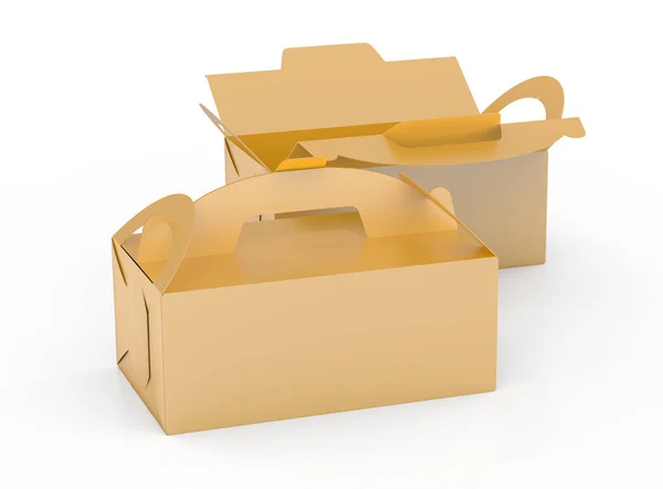 Caixa Dourada Com Alça Presente Pacote Papelão Alimentos Definido Render — Fotografia de Stock