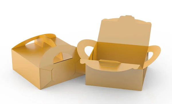 Golden Box Handle Gift Food Carton Package Set Render Design — Stock Photo, Image