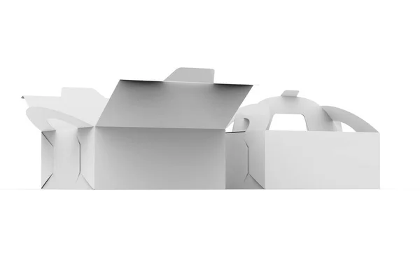 白色盒子与手柄 礼品或食品纸箱包装设置在3D 渲染设计用途 侧面视图 — 图库照片