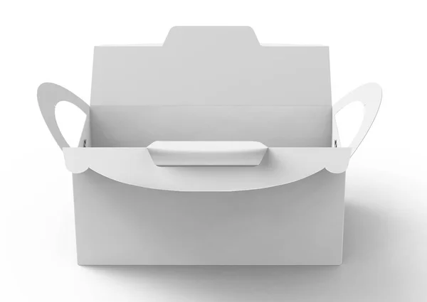 白色盒带手柄 礼品或食品纸盒包装在3D 渲染为设计使用 提升视图打开框 — 图库照片