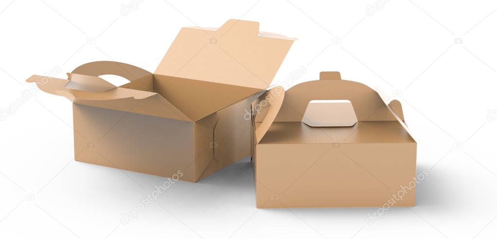 Kraft box with handle, gift or food carton package set in 3d render for design uses