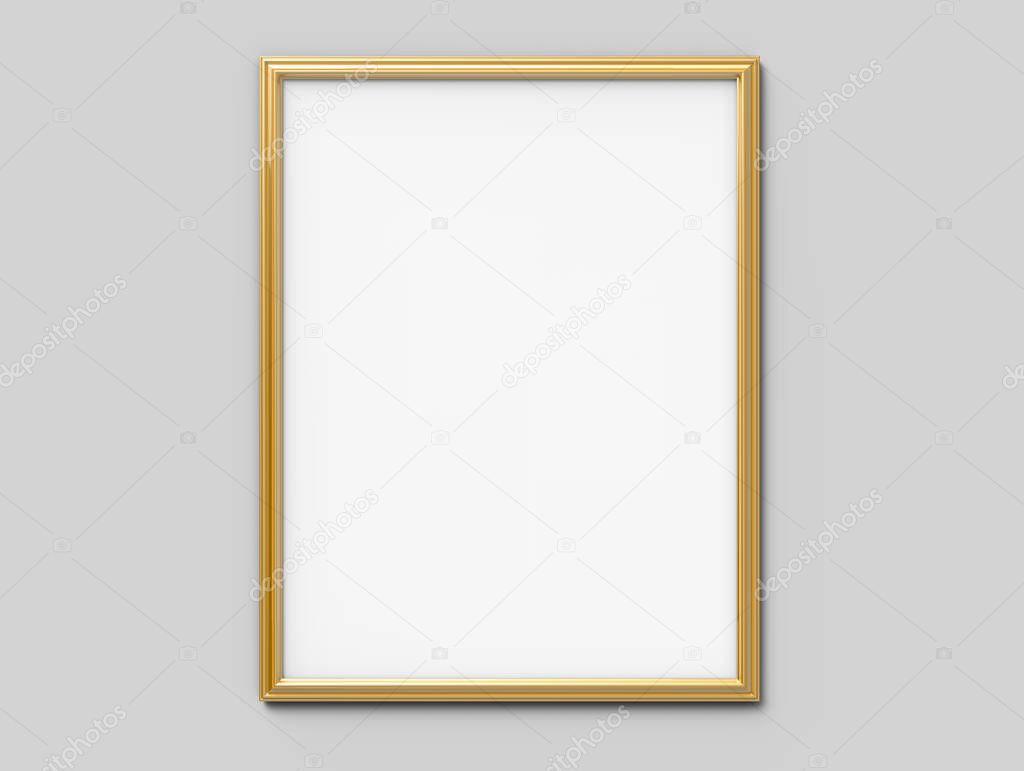 Golden Picture Frame, isolated blank frame with copy space for design uses in 3d rendering, grey background