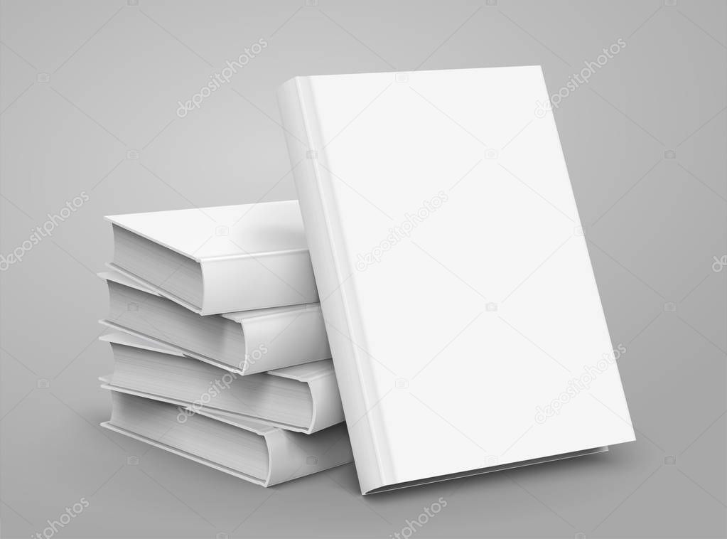 Blank hardcover books pile up on light grey background in 3d illustration