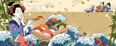 Ukiyo-e geyşa saşimi yiyor.