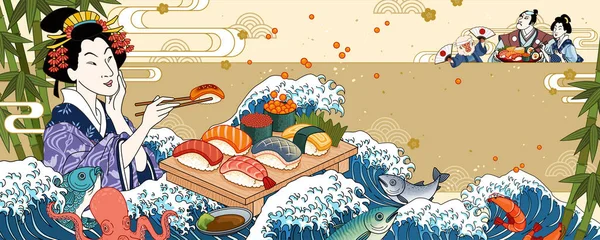 Ukiyo-e geisha eating sashimi — 스톡 벡터