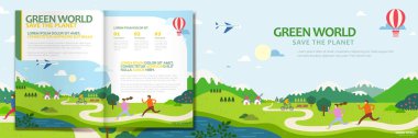 Dünya Günü makalesi dergisi, parkta koşan insanlarla düz stil tasarım yapıyor.