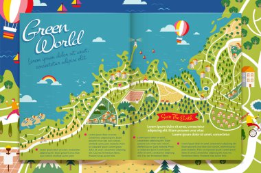 Dünya Günü makale dergisi tasarımı düz stil, yeşil orman haritası