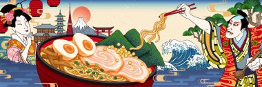 Lezzetli tonkotsu ramen çorbası. Ukiyoe tarzı illüstrasyon.