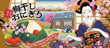 Güzel geyşa ve kiraz çiçekli tuzlu pirinç topu reklamları. Ukiyoe tarzında, Onigiri ve Japonca metinlerle yazılmış sınırlı satış.