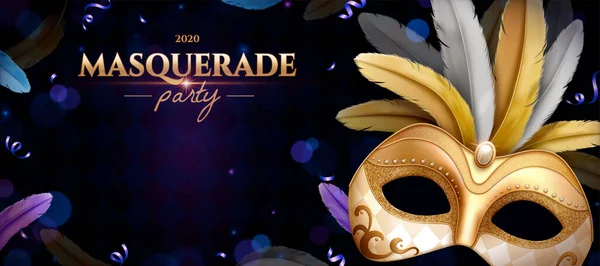 Máscara Mascarada Oro Con Plumas Para Noche Fiesta Sobre Fondo — Archivo Imágenes Vectoriales