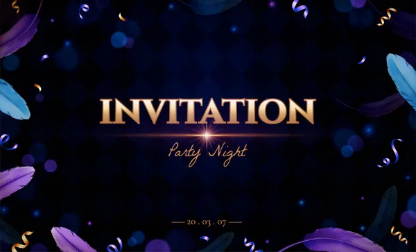 Party Night Meghívó Lila Kék Tollak Keret Bokeh Sötét Kék — Stock Vector