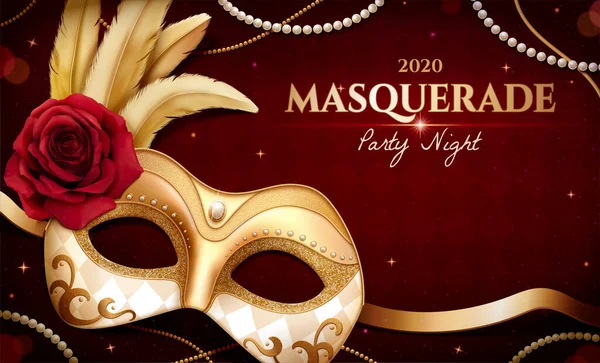 Máscara Mascarada Ouro Com Pena Rosas Para Noite Festa Fundo — Vetor de Stock