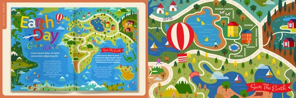 Modèle Magazine Article Journée Mondiale Terre Design Plat Avec Carte — Image vectorielle