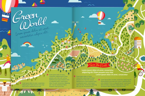 Modèle Magazine Article Journée Mondiale Terre Design Plat Carte Forêt — Image vectorielle