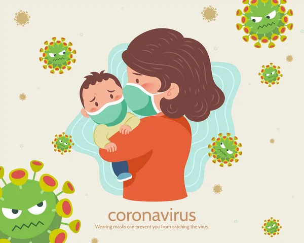 Ibu Cemas Dan Bayinya Mengenakan Masker Wajah Berjuang Untuk Coronavirus - Stok Vektor