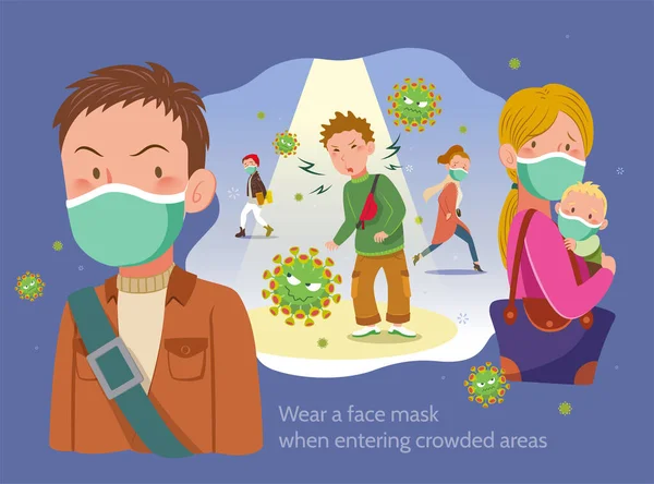 Mengenakan Masker Ketika Memasuki Daerah Yang Ramai Berperang Melawan Coronavirus - Stok Vektor