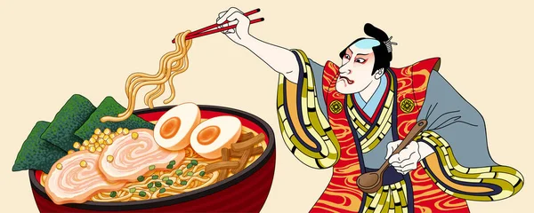 Homem Vai Comer Ramen Estilo Ukiyo —  Vetores de Stock