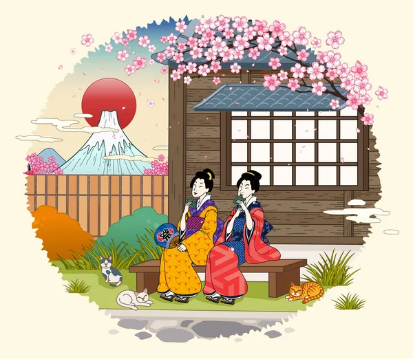 Жінка Сидить Біля Ретро Японської Чайної Кімнати Насолоджується Закусками Стилі — стоковий вектор