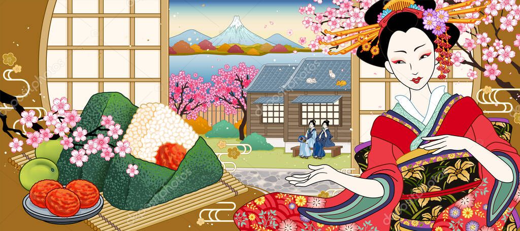 Salted plum rice ball ads with beautiful geisha and cherry blossom in ukiyo-e style