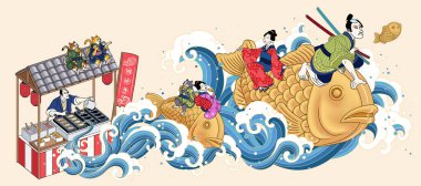 İnsanlar Taiyaki atıştırmalıklarına biniyor ve Ukiyoe tarzında sokak satıcılarından uçuyor. Japon metinlerinde bayraklar üzerine yazılmış balık şeklinde pastalar. 