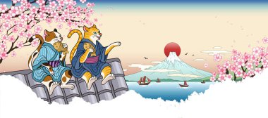 Yukata 'daki Tabby ve Calico kedileri çatıda oturup taiyaki, sakura fuji dağ manzarası yiyorlar.