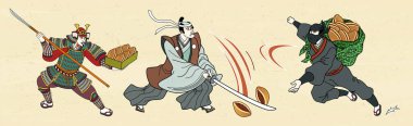 Japon general ve ninja Dorayaki ile Ukiyoe tarzında dövüşüyor.
