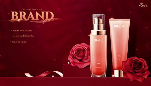 Eleganti Annunci Cosmetici Con Rose Nastri Sfondo Rosso Bordeaux Glitter — Vettoriale Stock