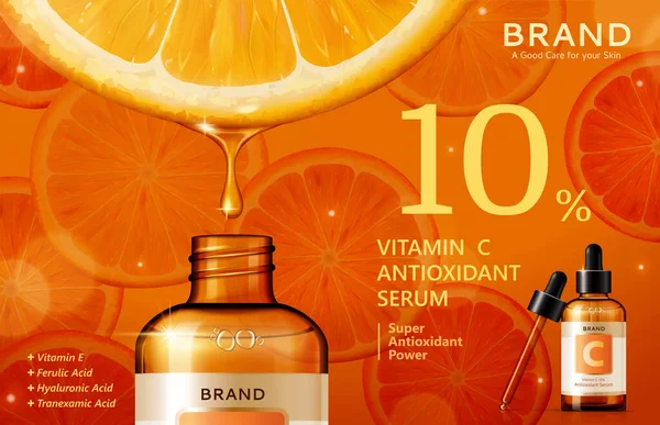 Vitamine Serum Advertenties Met Vloeistof Druipt Van Citrus Druppel Fles — Stockvector