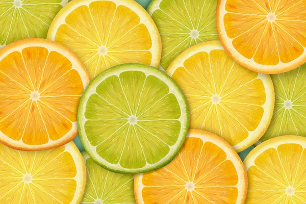 Színes Szeletelt Citrusfélék Háttér Illusztráció Felső Nézet — Stock Vector