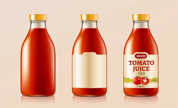 Jugo Tomate Fresco Botella Vidrio Maqueta Diseño Etiquetas Ilustración — Vector de stock