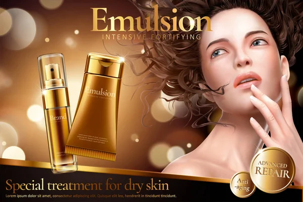 Annonces Produit Émulsion Avec Belle Femme Sur Fond Scintillant Couleur — Image vectorielle