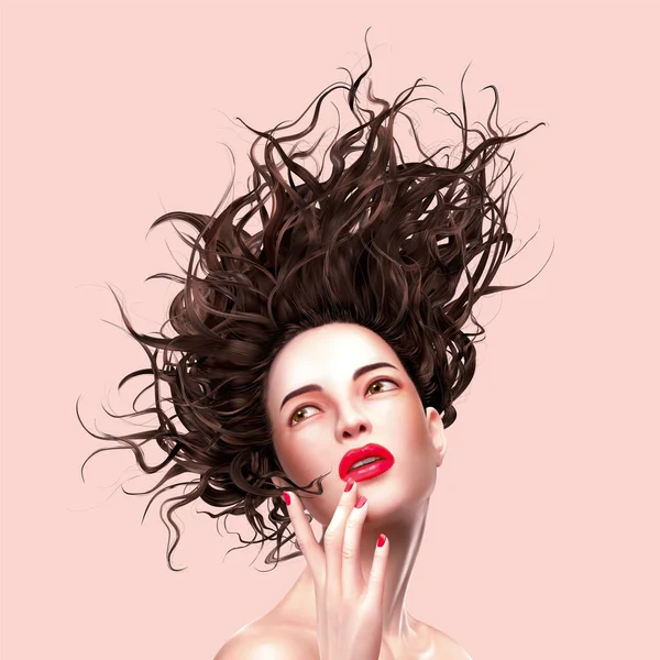 Trendy Γυναίκα Κόκκινα Χείλη Και Ρέουσα Μαλλιά Τρισδιάστατη Απεικόνιση Ροζ — Διανυσματικό Αρχείο