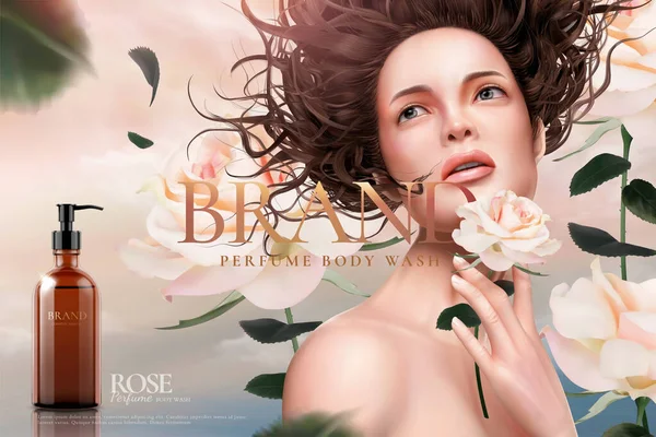 Τριαντάφυλλο Body Wash Διαφημίσεις Ανοιχτό Ροζ Τριαντάφυλλα Γύρω Από Μια — Διανυσματικό Αρχείο