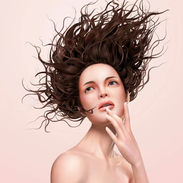Ελκυστική Γυναίκα Flowy Μαλλιά Ψάχνει Επάνω Εικόνα Ροζ Backgrounf — Διανυσματικό Αρχείο